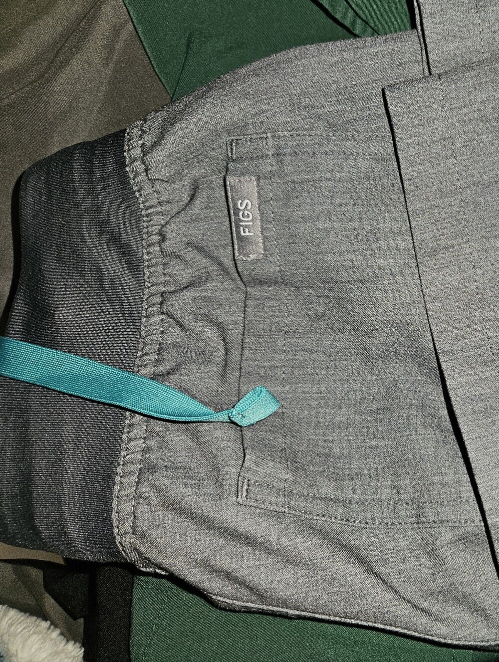 Figs Heather Gray Scrub Bottoms Regular Leg with Teal Strings XXS